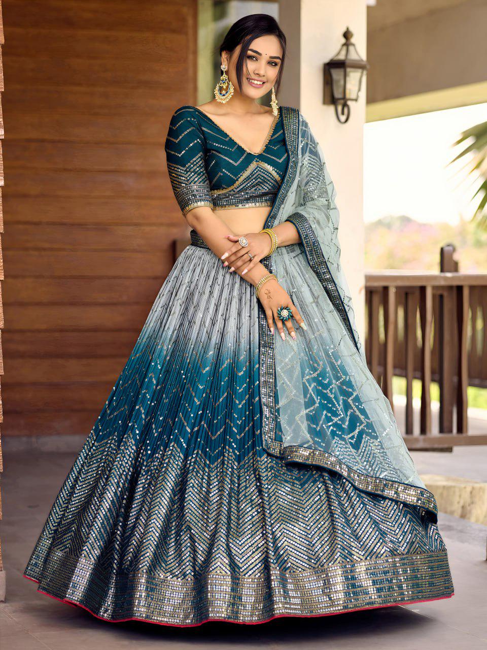 Teal Chinnon Lehenga Choli Set | Embroidered Wedding A-Line Lehenga with Net Dupatta