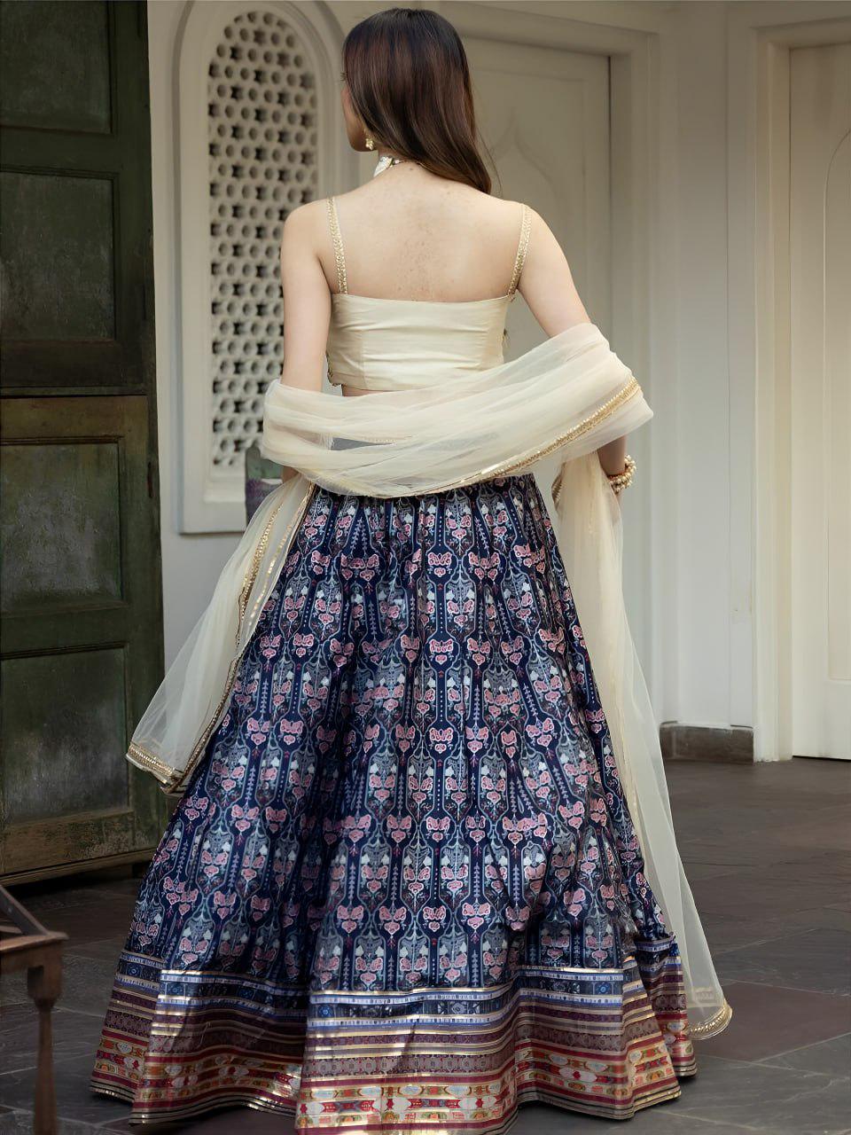 Navy Blue Art Silk Lehenga Choli, Gota Patti Floral Print, Semi Stitched Set