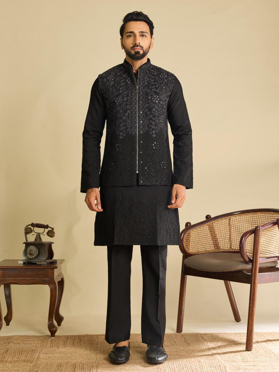 Art Silk Kurta Koti Set | Real Mirror Multi Thread Embroidery Wedding Outfit