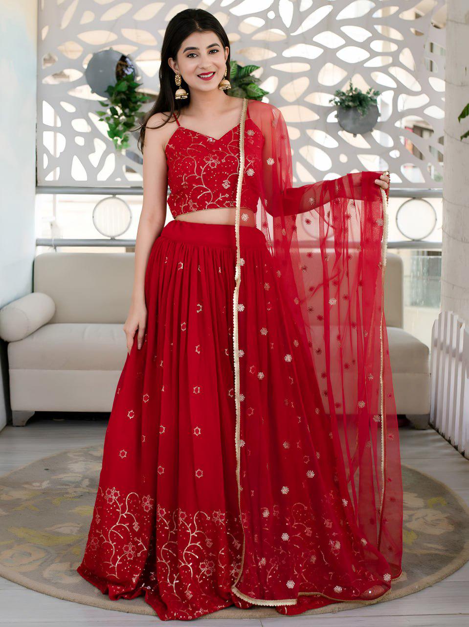 Red Organza Lehenga Choli, Velvet Blouse, Sequins Embroidery Wedding Outfit