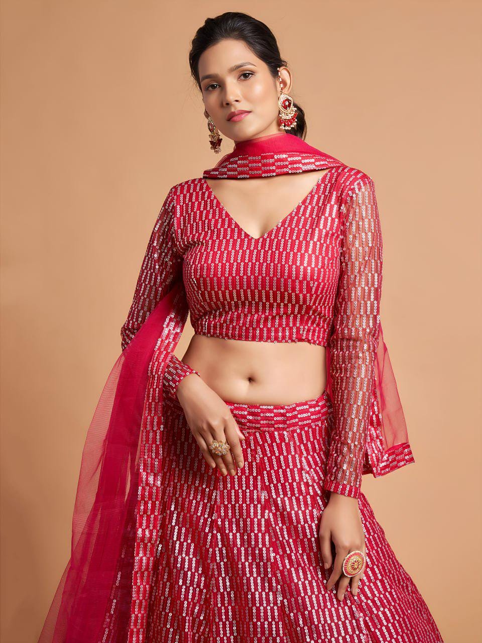 Pink Sequin Embroidered Lehenga Choli Set | Soft Net A-Line Wedding Party Wear