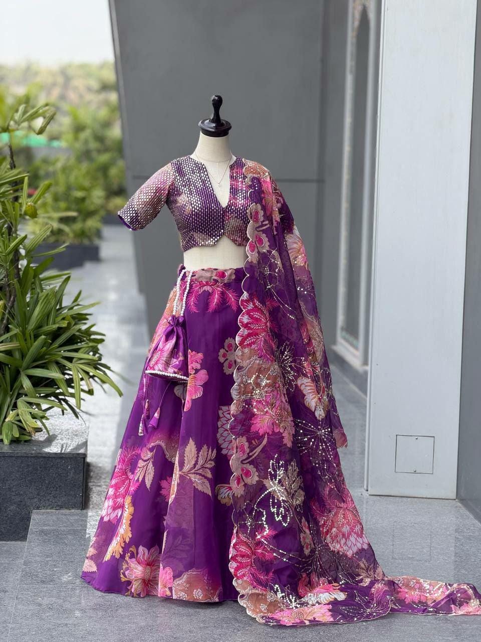 Digital Print Organza Lehenga Choli Set with Sequins Embroidery, Batwa Bag