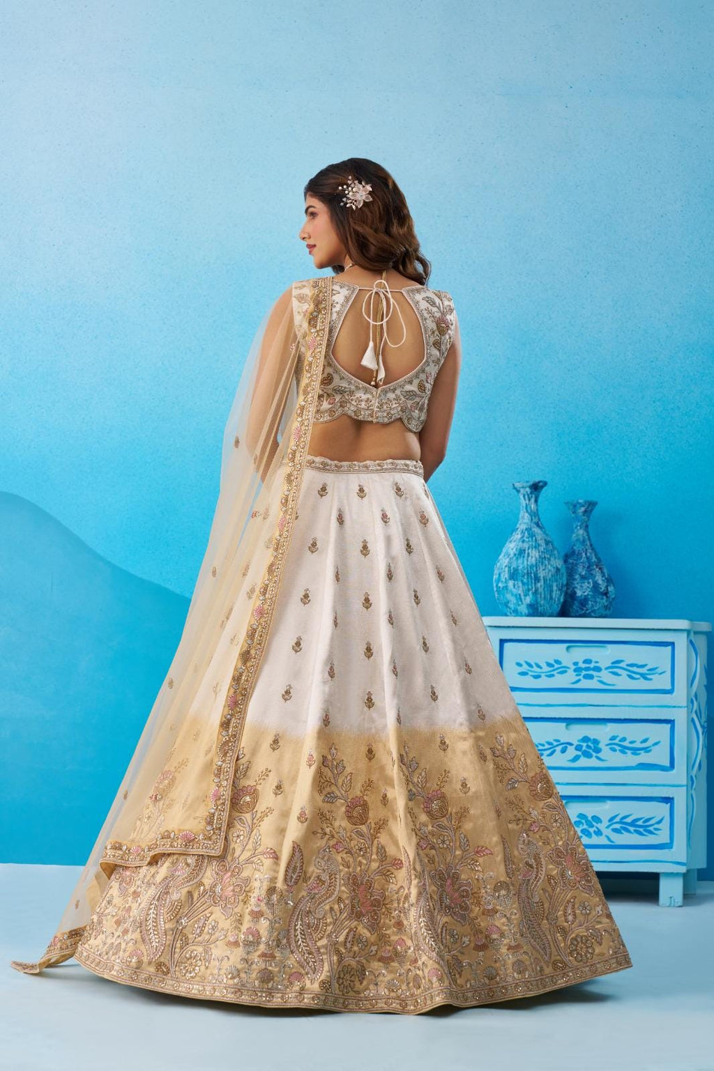 Ombre Beige Cream Tissue Lehenga Choli, Sequins Embroidered Indian Wedding Outfit