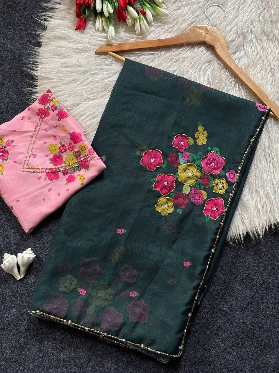 Floral Print Tabi Saree with Cut Dana Handwork, Chinon Blouse, Summer Party Wear
