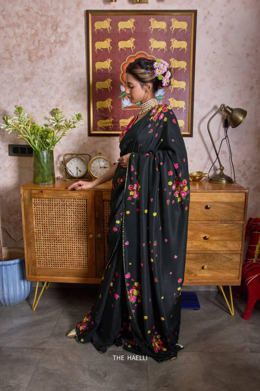 Floral Print Tabi Saree with Cut Dana Handwork, Summer Party Wear Chinon Blouse