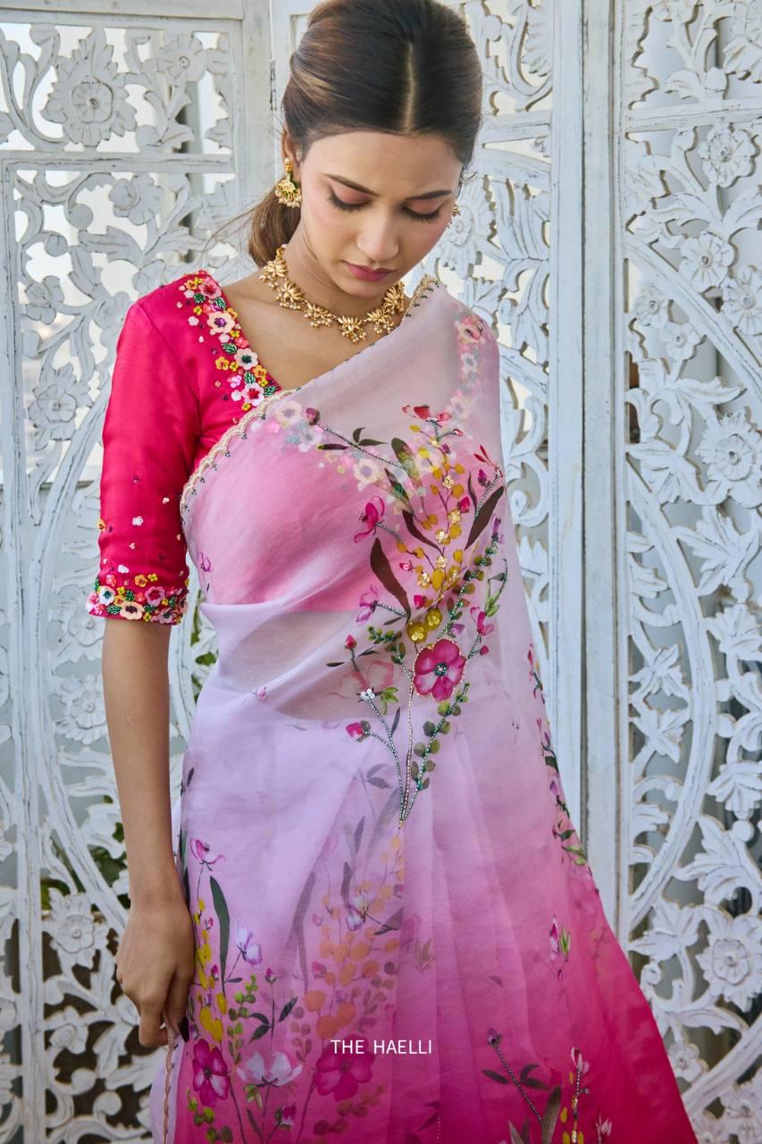 Floral Print Tabi Saree with Cut Dana Handwork, Chinon Blouse, Summer Party Wear