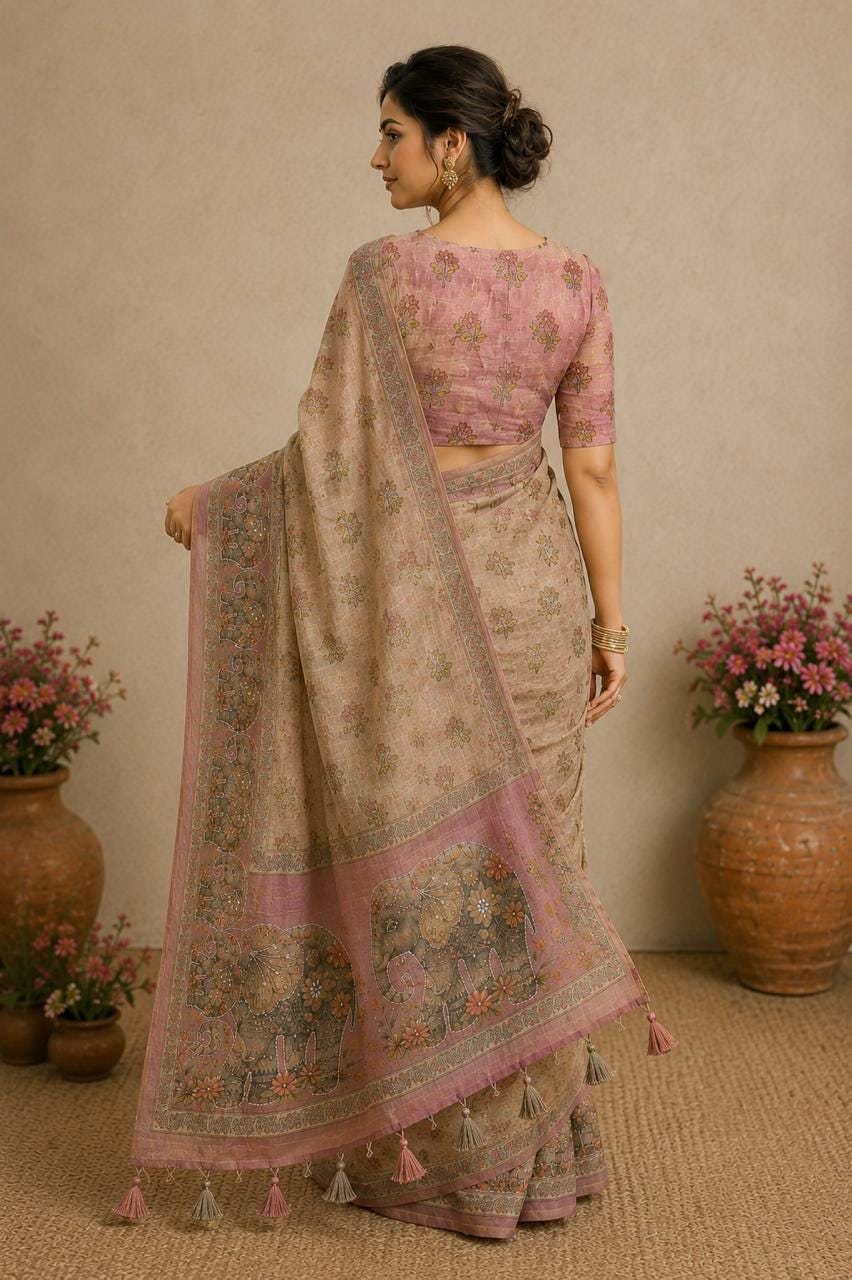Linen Cotton Silk Saree | Digital Print, Khatli Kut Dana Handwork, Stone Embellished Designer Wear