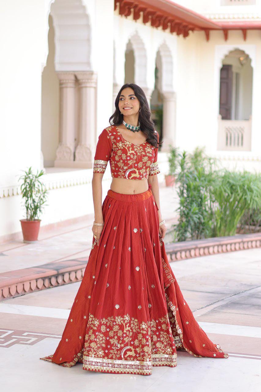 Vichitra Silk Lehenga Choli, Sequins Thread Embroidery, 4 Meter Flare Wedding Set