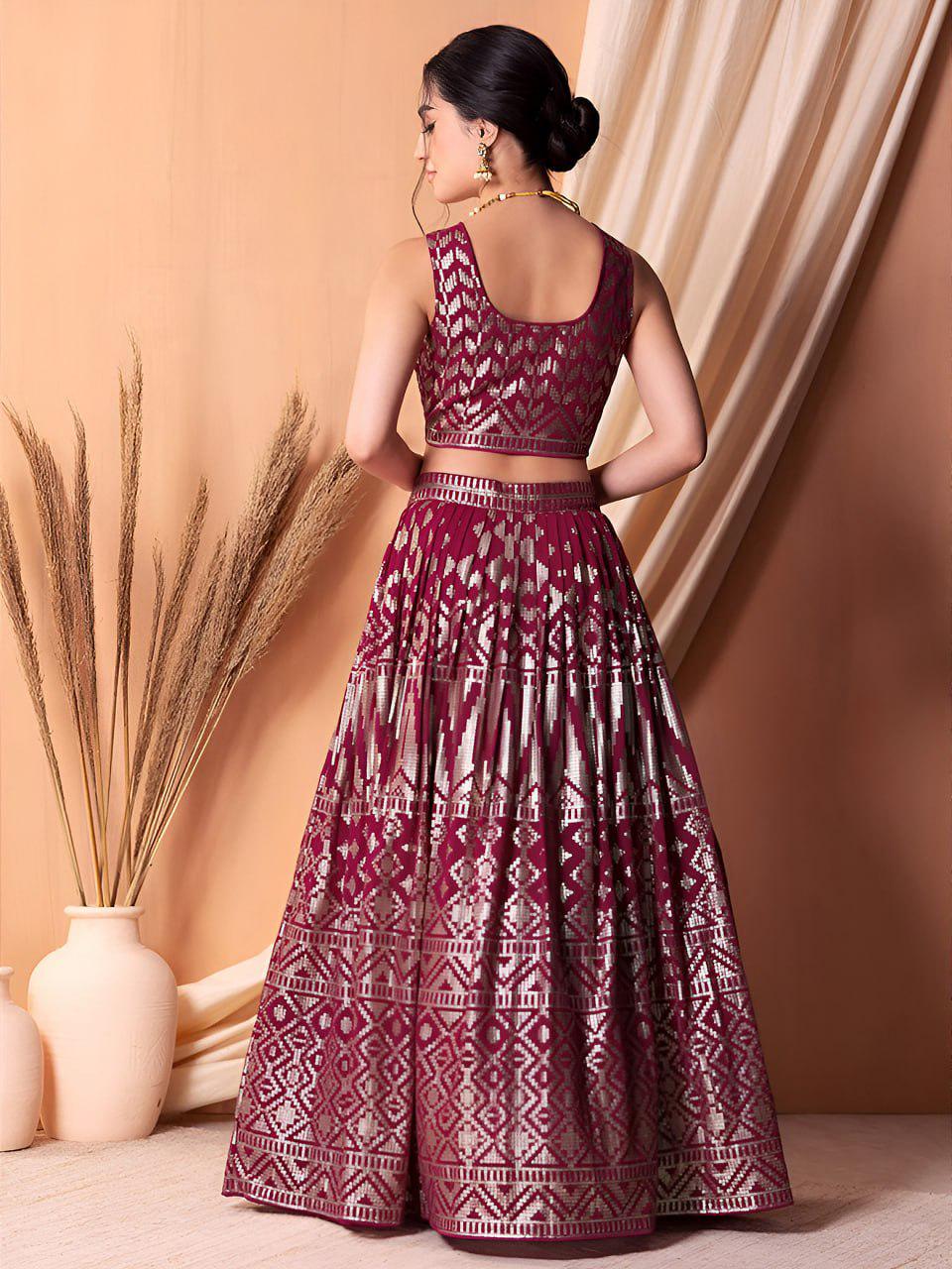 Ruby Pink Georgette Lehenga Choli Set | Sequin Embroidered Wedding Party Wear (Semi-Stitched)