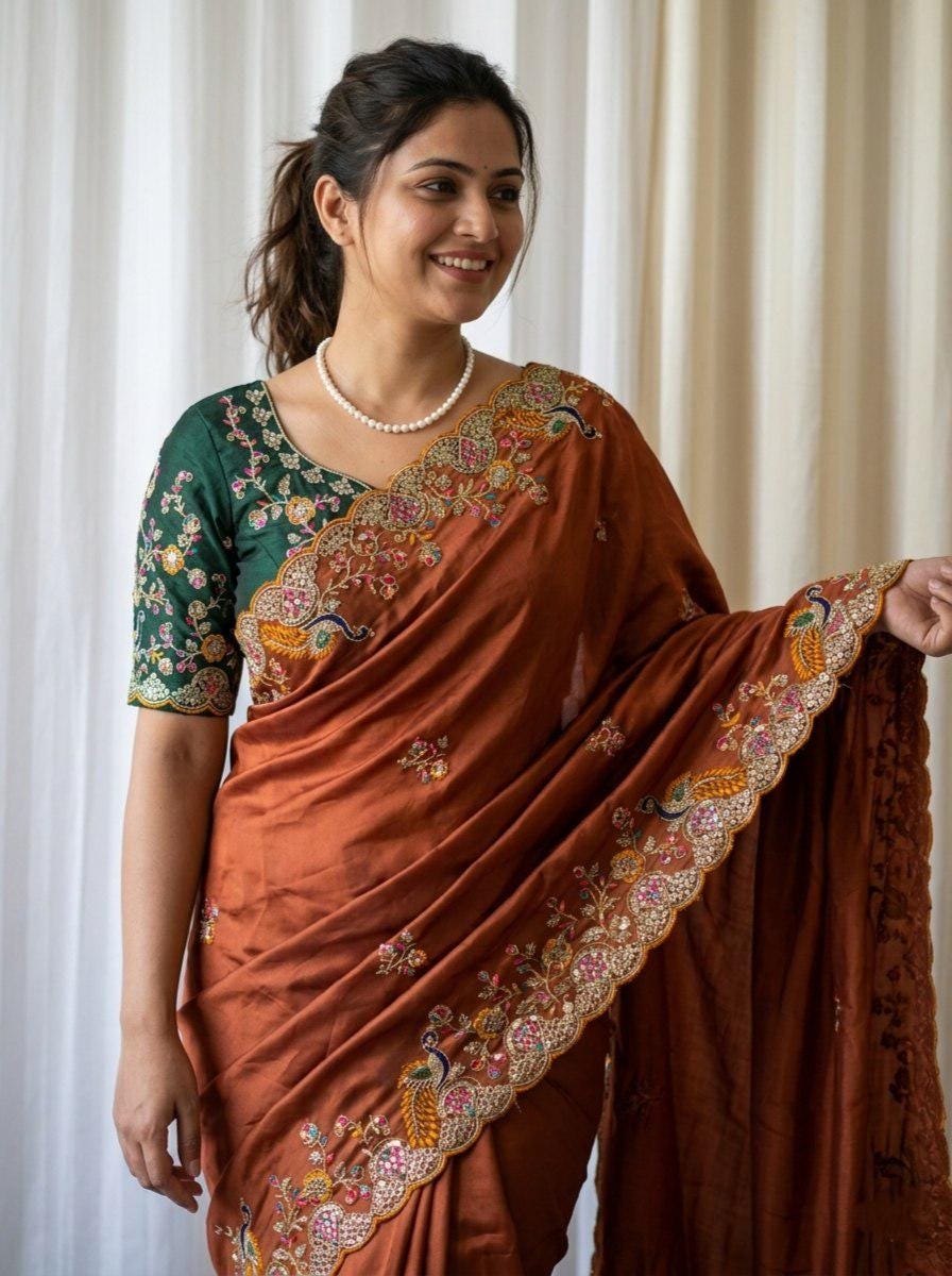 Rangoli Silk Saree | White Coding, Multi Embroidery, C-Pallu, Cutwork Border, Unstitched Blouse