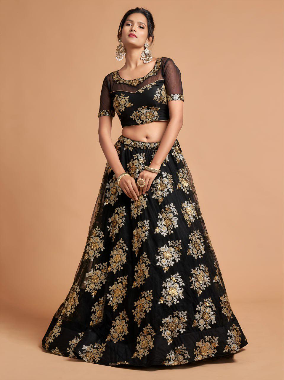 Black Net Lehenga Choli with Zari Sequins Embroidery | Indian Wedding Party Wear Set