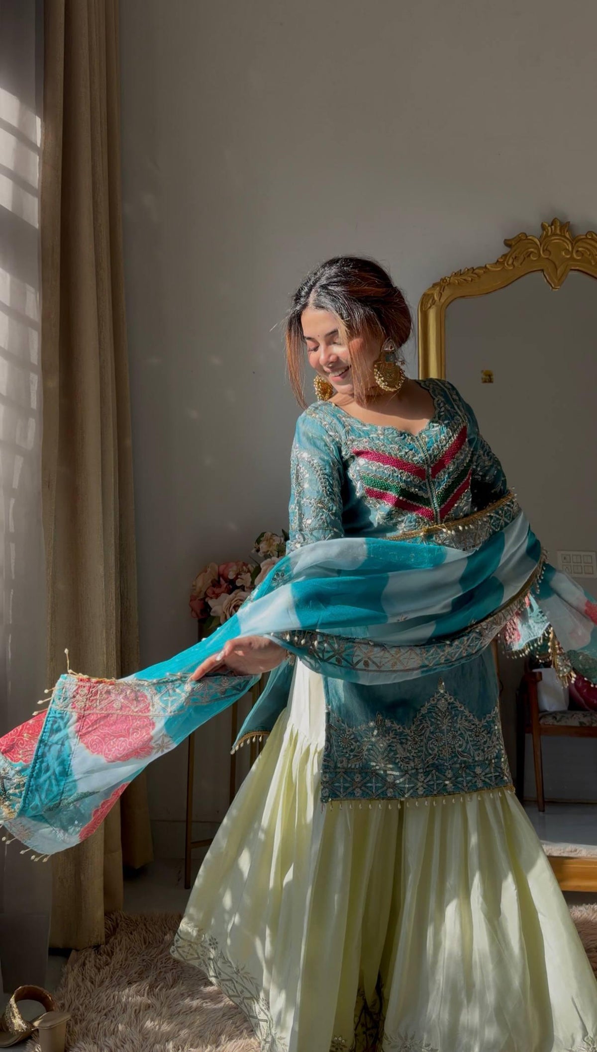 Moss Fendi Embroidered Palazzo Suit Set, Sequins Work Kurta, Organza Dupatta, Festive Wear
