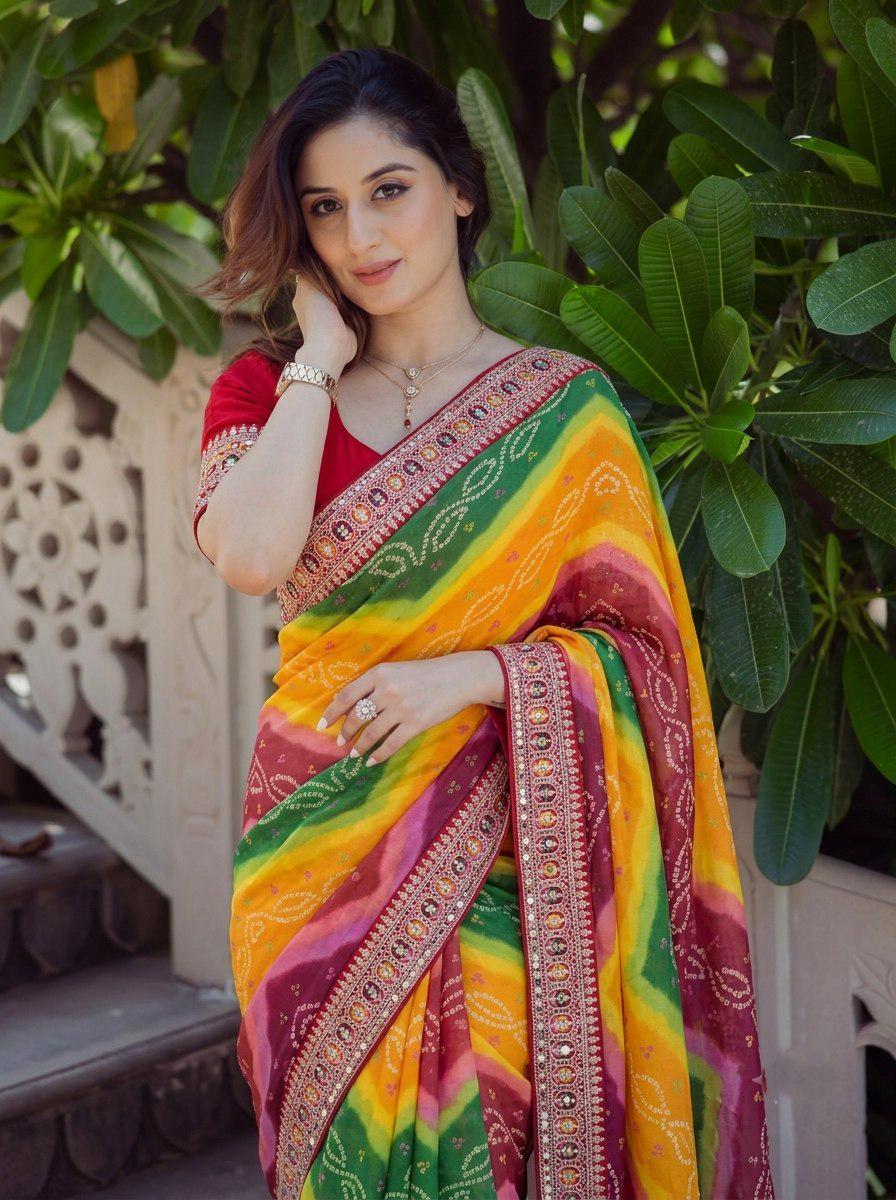 Soft Georgette Digital Print Saree | Embroidered Lace Border, Banglory Silk Blouse