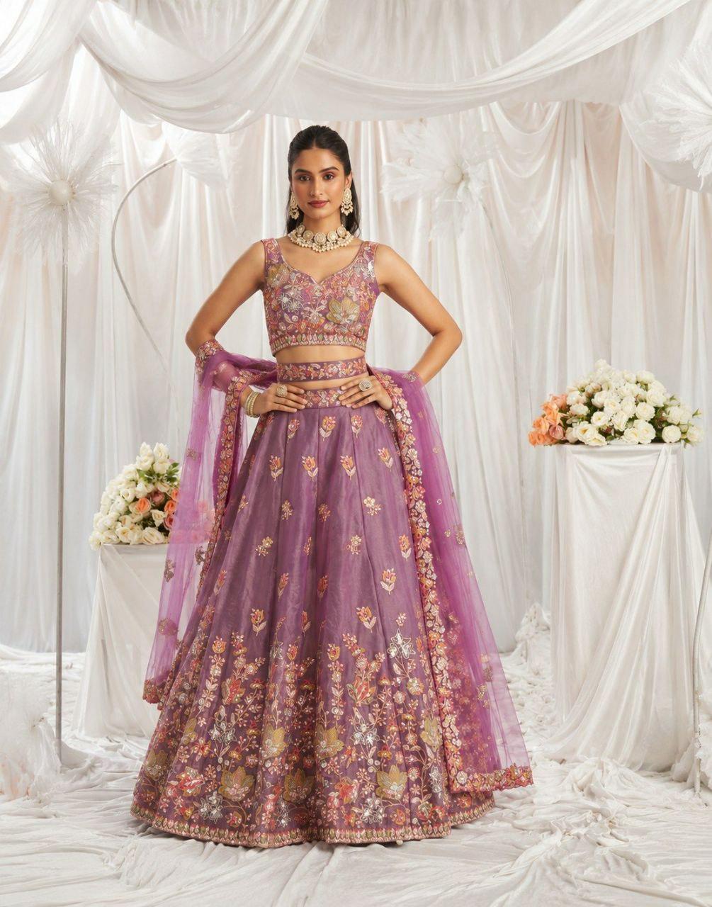 Fandy Lehenga Choli Set, Zari Sequin Embroidery, Semi-Stitched Wedding Wear