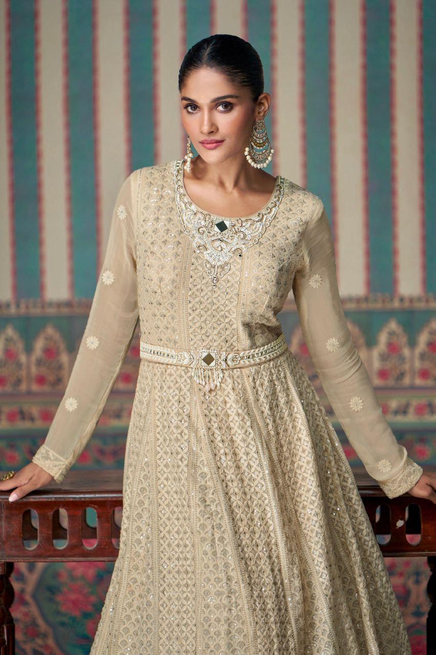 Cream Embroidered Faux Georgette Gown with Dupatta, Festive Party Wear Indian Dress
