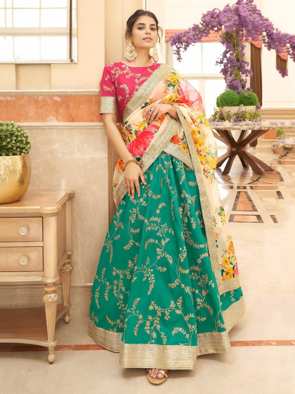 Green Art Silk Lehenga Choli | Zari Sequin Embroidery, Floral Organza Dupatta