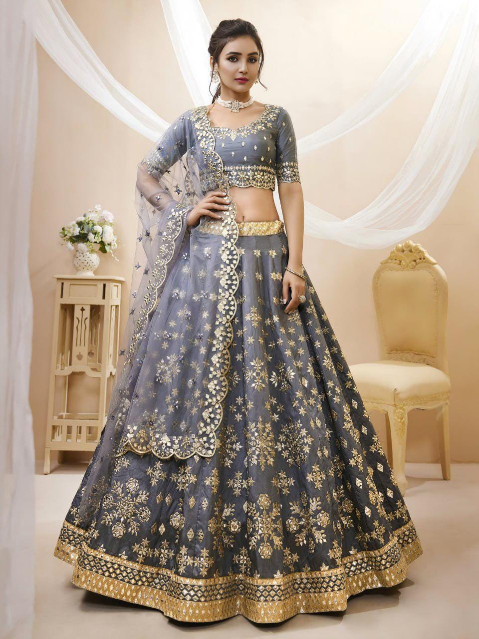 Grey Art Silk Lehenga Choli Set, Foil Zari Sequins Embroidery, Semi-Stitched Wedding Outfit