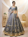 Grey Art Silk Lehenga Choli Set, Foil Zari Sequins Embroidery, Semi-Stitched Wedding Outfit