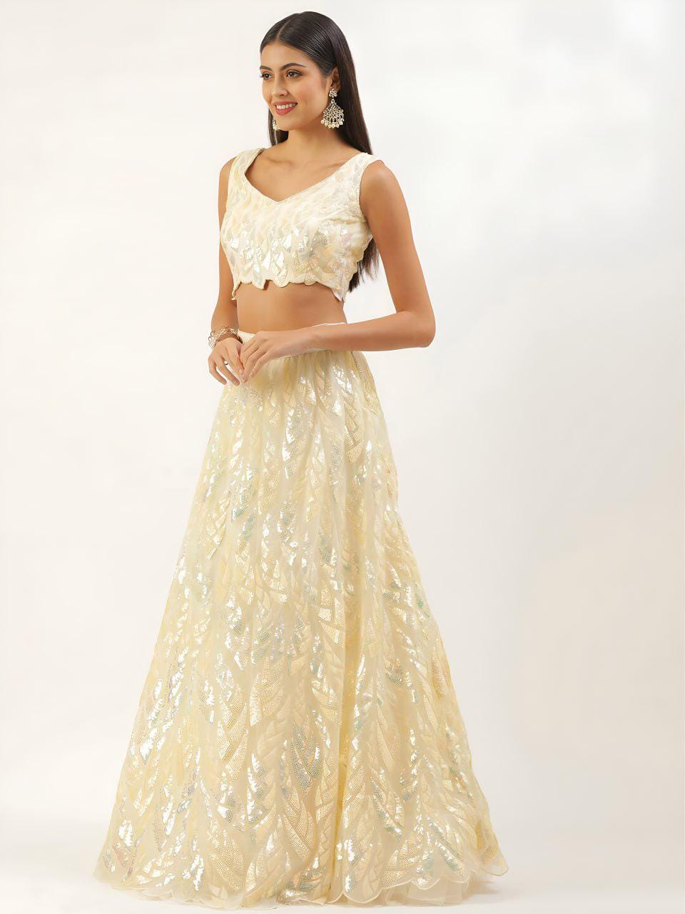 Yellow Soft Net Lehenga Choli Set, Sequins Embroidery, Semi Stitched Wedding Bridal Wear
