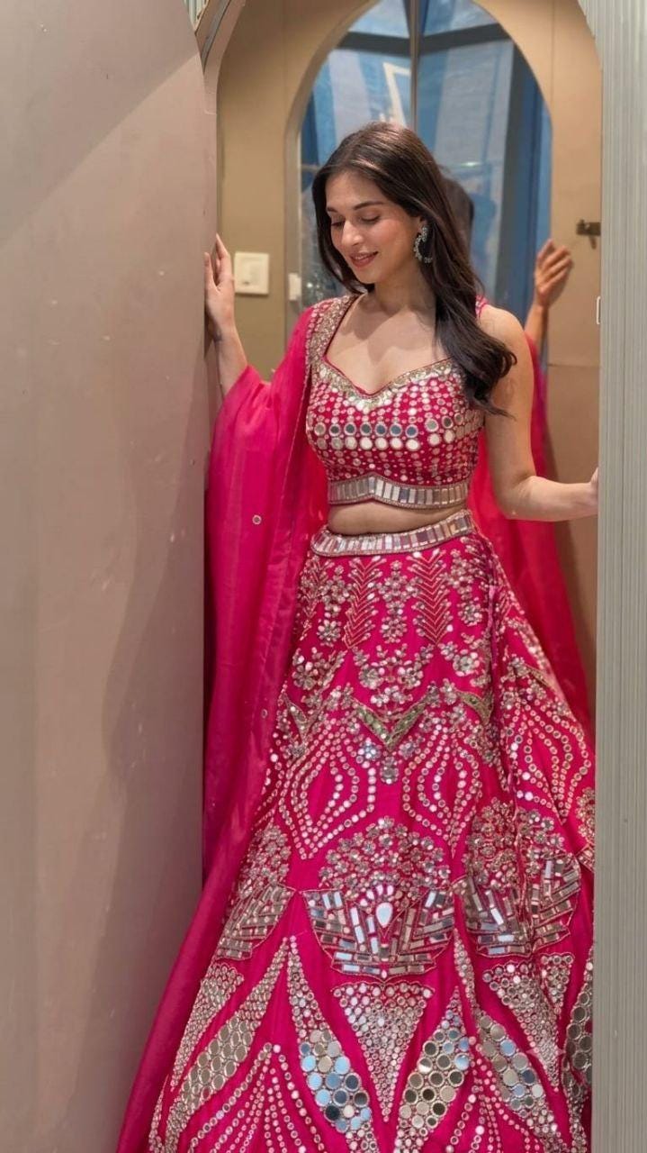 Malai Satin Lehenga Choli Set | Mirror, Sequins, Foil Embroidery | Bridal Outfit (Semi-Stitched)