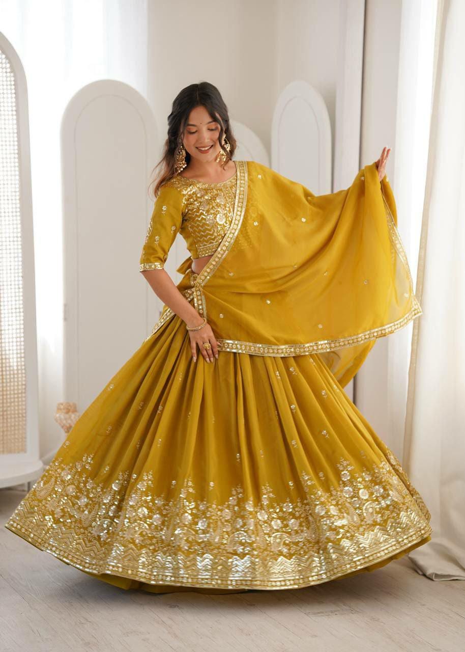 Heavy Shimmer Silk Lehenga Choli Set, Sequin Embroidery, Fully Stitched Wedding Outfit