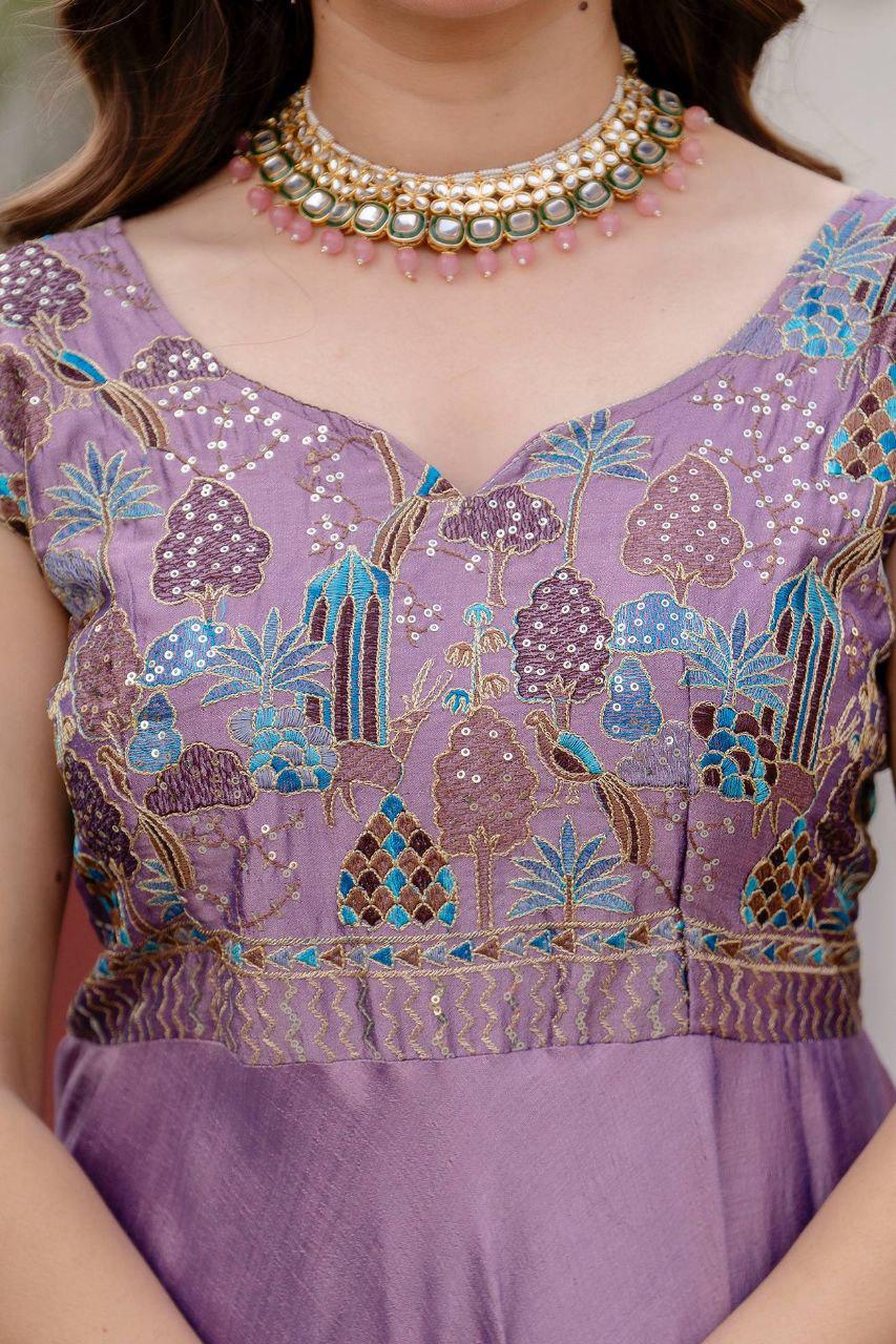 Vichitra Silk Embroidered Gown with Dupatta, Festive Party Wear Ethnic Dress