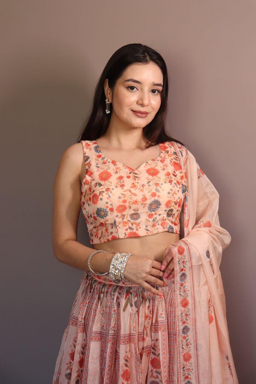 Pastel Floral Organza Lehenga Choli Set | Digital Print Padded Blouse, Party Wear