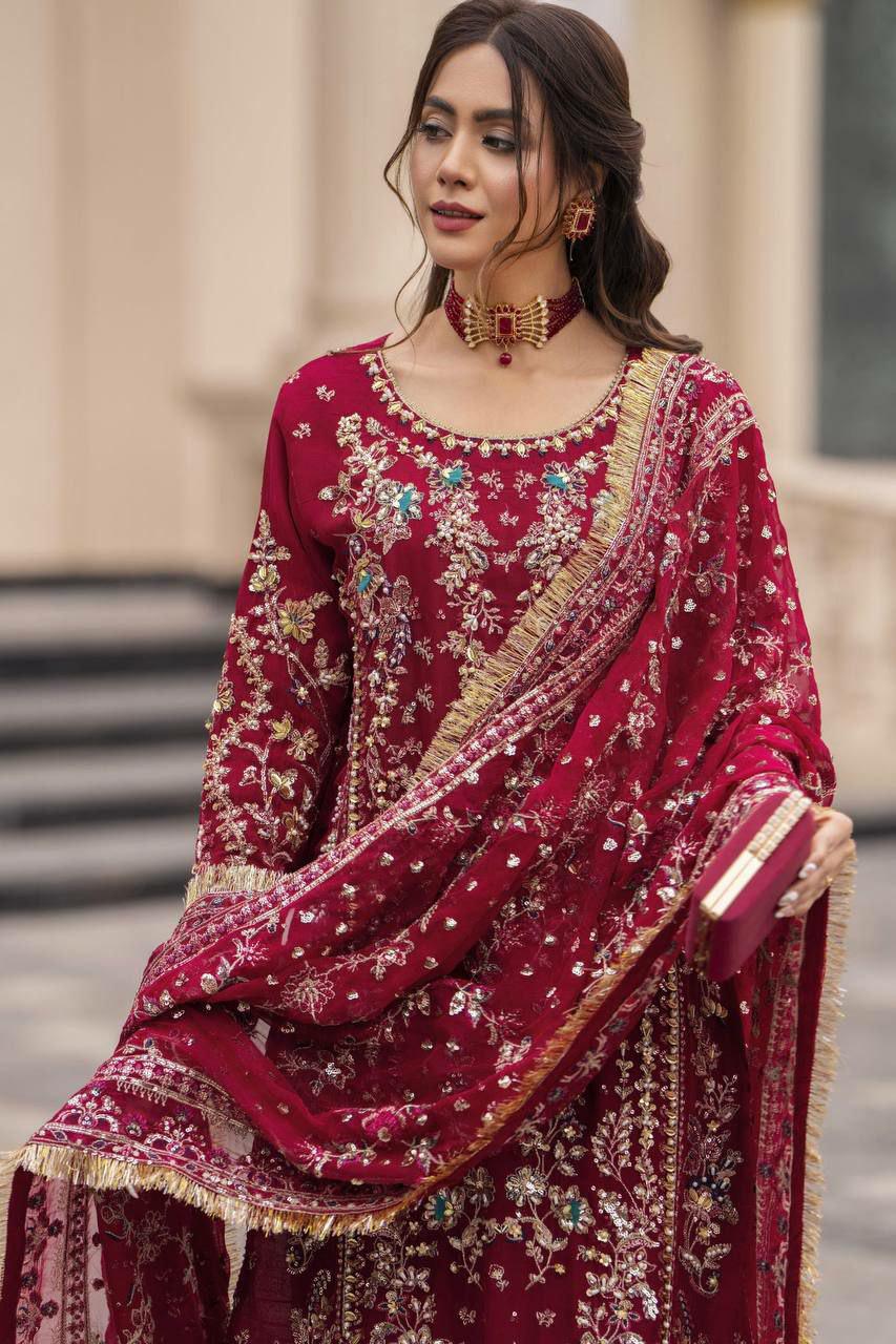 Embroidered Faux Georgette Kurta Palazzo Set with Sequins, Beads Work Ethnic Wear