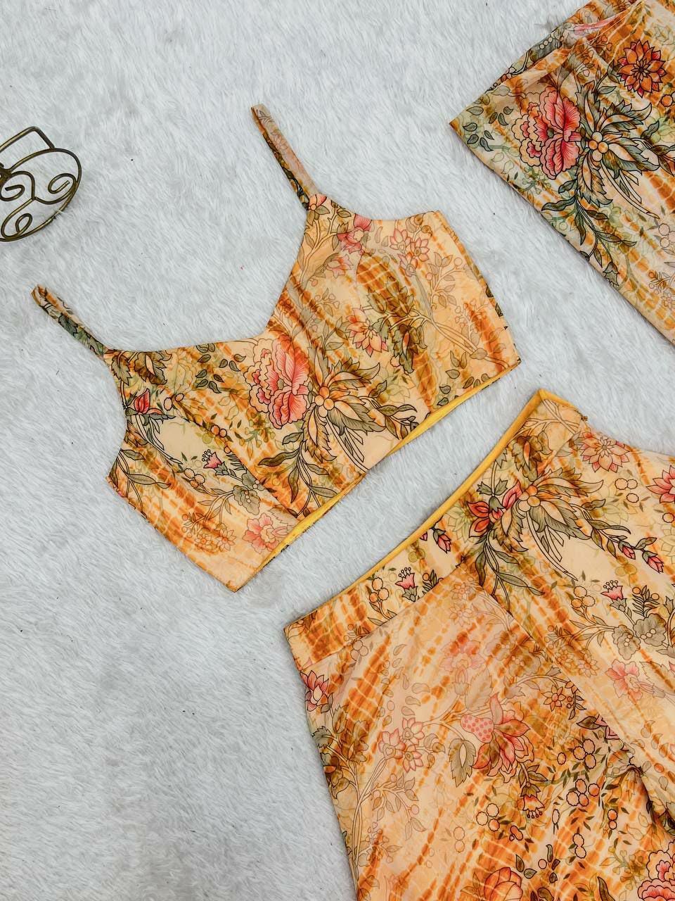 Floral Print Shrug Set, Crop Top Palazzo Co Ord, Fox Georgette Ethnic Outfit