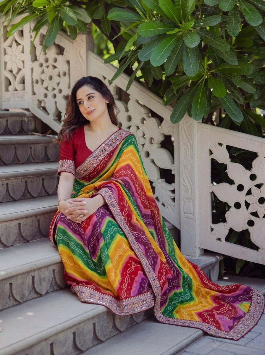 Soft Georgette Digital Print Saree | Embroidered Lace Border, Banglory Silk Blouse