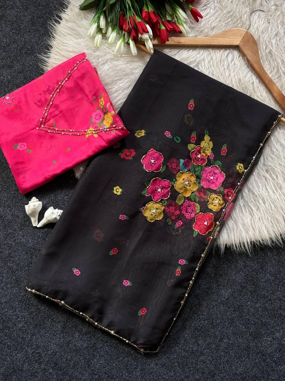 Floral Print Tabi Saree with Cut Dana Handwork, Summer Party Wear Chinon Blouse