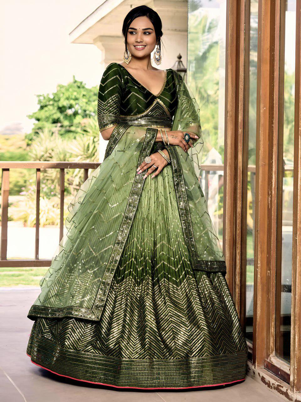 Olive Green Chinnon Lehenga Choli Set | Sequin Embroidered Wedding A-Line Lehenga, Net Dupatta