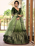 Olive Green Chinnon Lehenga Choli Set | Sequin Embroidered Wedding A-Line Lehenga, Net Dupatta