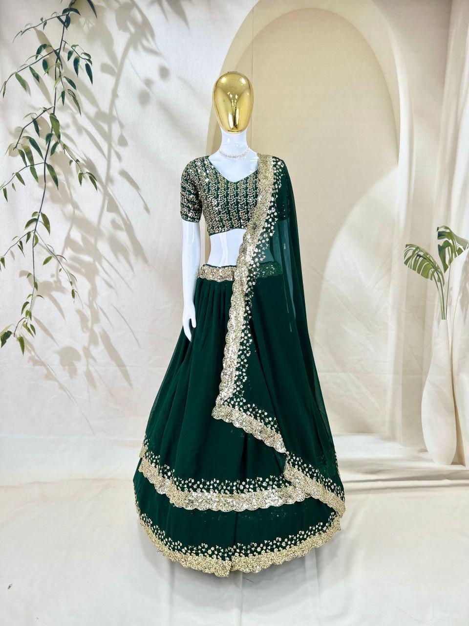 Emerald Georgette Lehenga Choli Set, Zari Sequin Embroidery, Wedding Party Wear