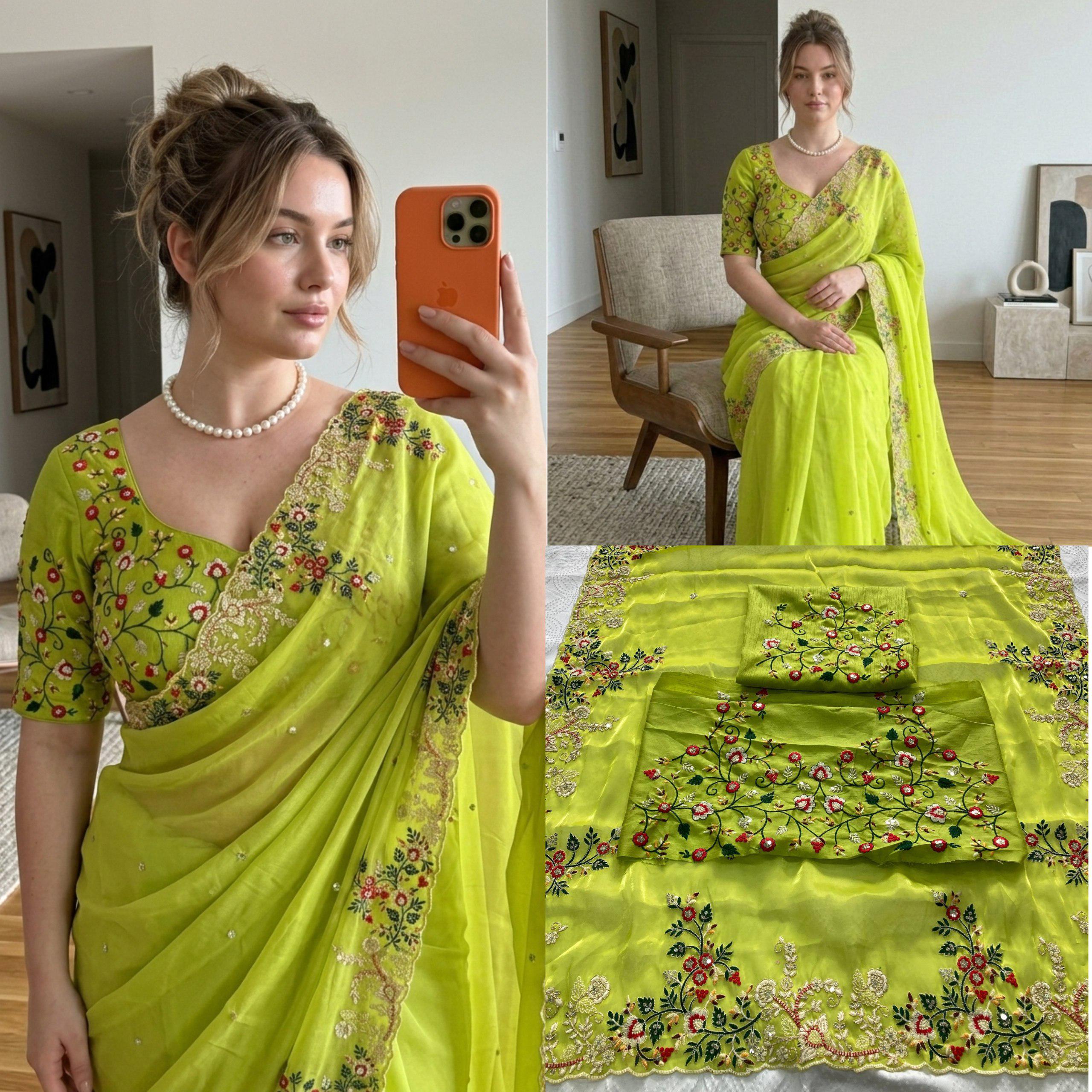 Zimmy Chu Silk Saree, Embroidered Butta, Cutwork Border, Wedding Designer Saree, Mono Banglory Blouse