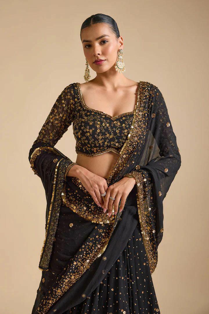 Georgette Lehenga Choli Set, Embroidery Sequins Hand Diamond Work, Semi Stitched Dupatta