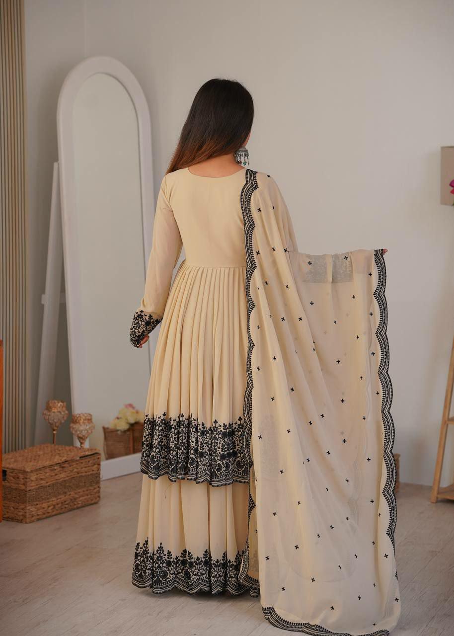 Embroidered Faux Georgette Kurta Set with Palazzo and Dupatta, Festive Indian Ethnic Wear