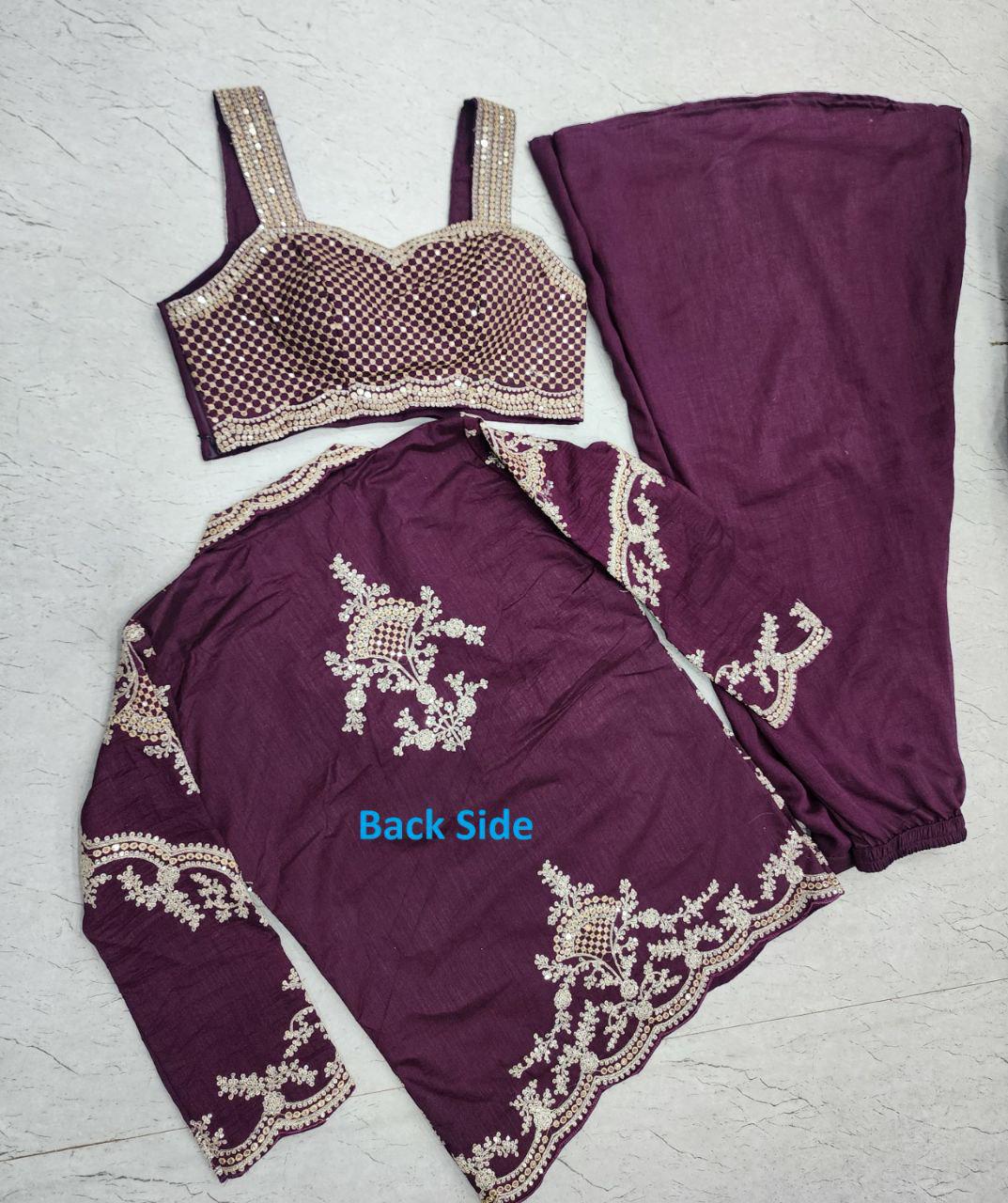 Embroidered Chinon Silk Palazzo Set with Jacket, Stitched Ethnic Party Wear XXL