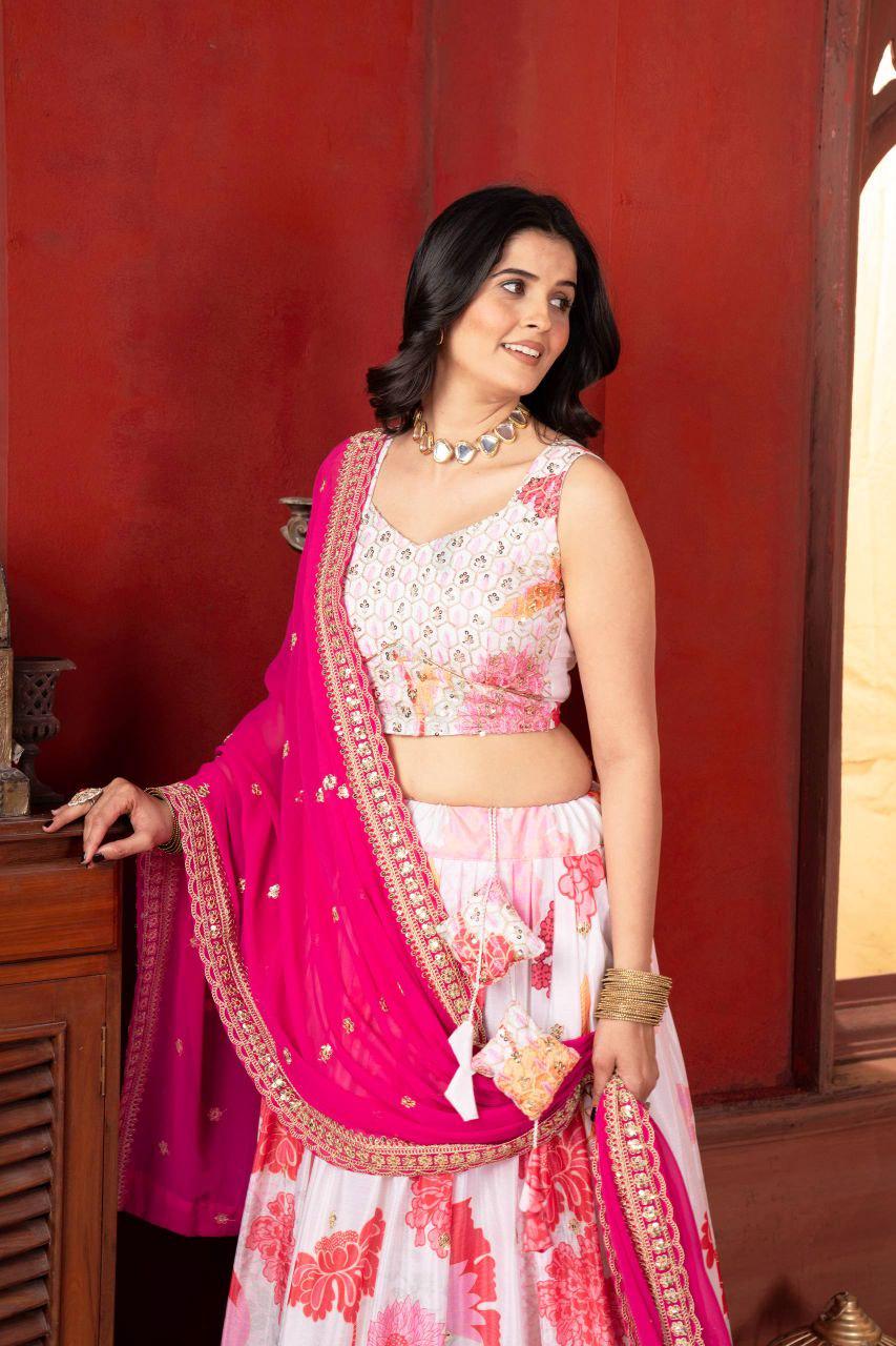 Chinon Silk Lehenga Choli | Digital Print, Sequins Embroidery, 4 Meter Flair, Indian Wedding Wear