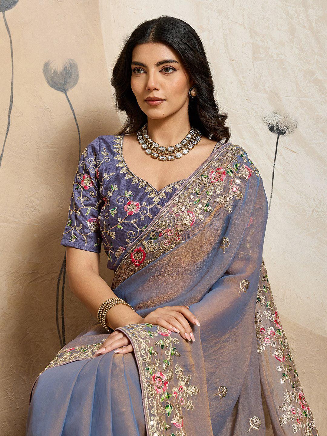 Moss Chiffon Embroidered Saree, Cutwork Border, Banglory Silk Blouse, Festive Wear