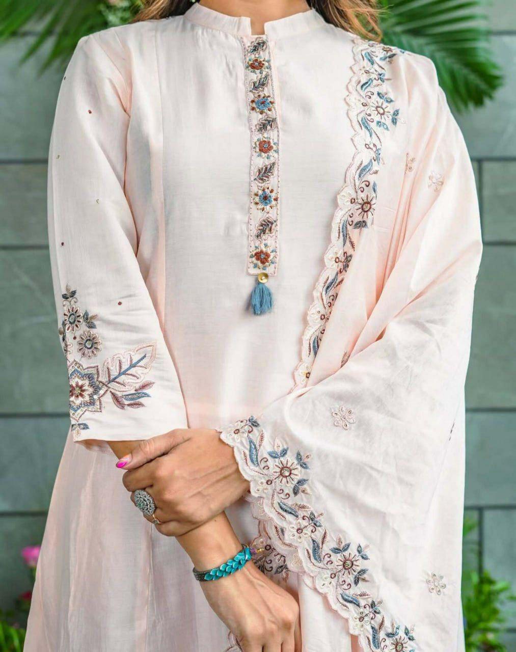Embroidered Muslin Cotton Kurta Set with Dupatta, Flared Indian Ethnic Wear