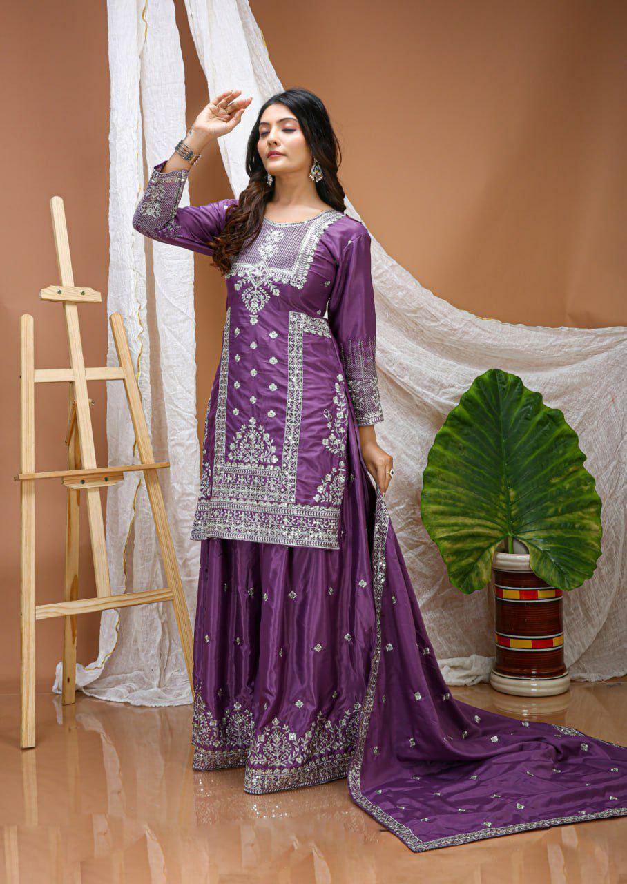 Crepe Sharara Suit Set, Sequin Embroidery, Festive Ethnic Outfit Women