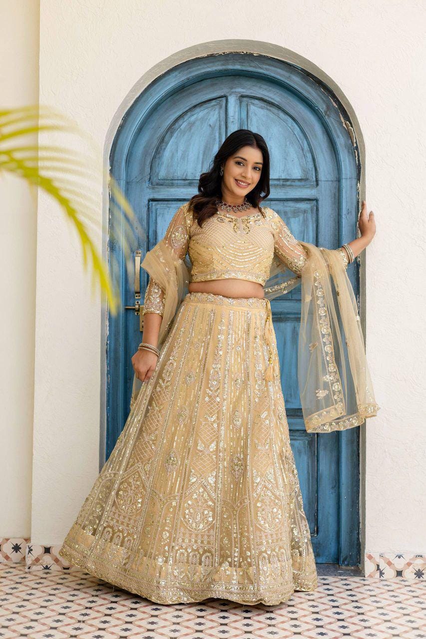 Butterfly Net Lehenga Set, Sequins Cording Embroidery, Bridal Wedding Festive Wear