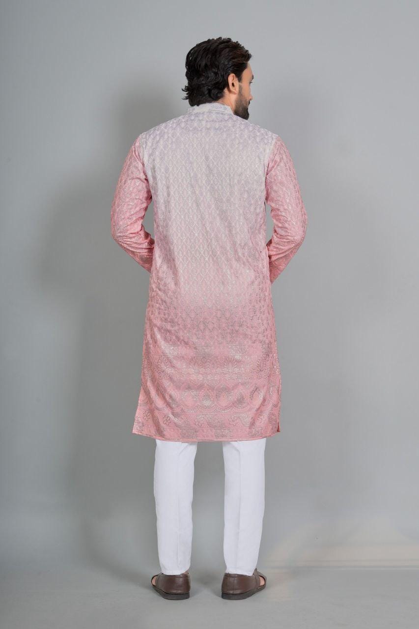 Men's Roman Silk Kurta Pajama Set with Embroidered Koti, Festive Ethnic Wear