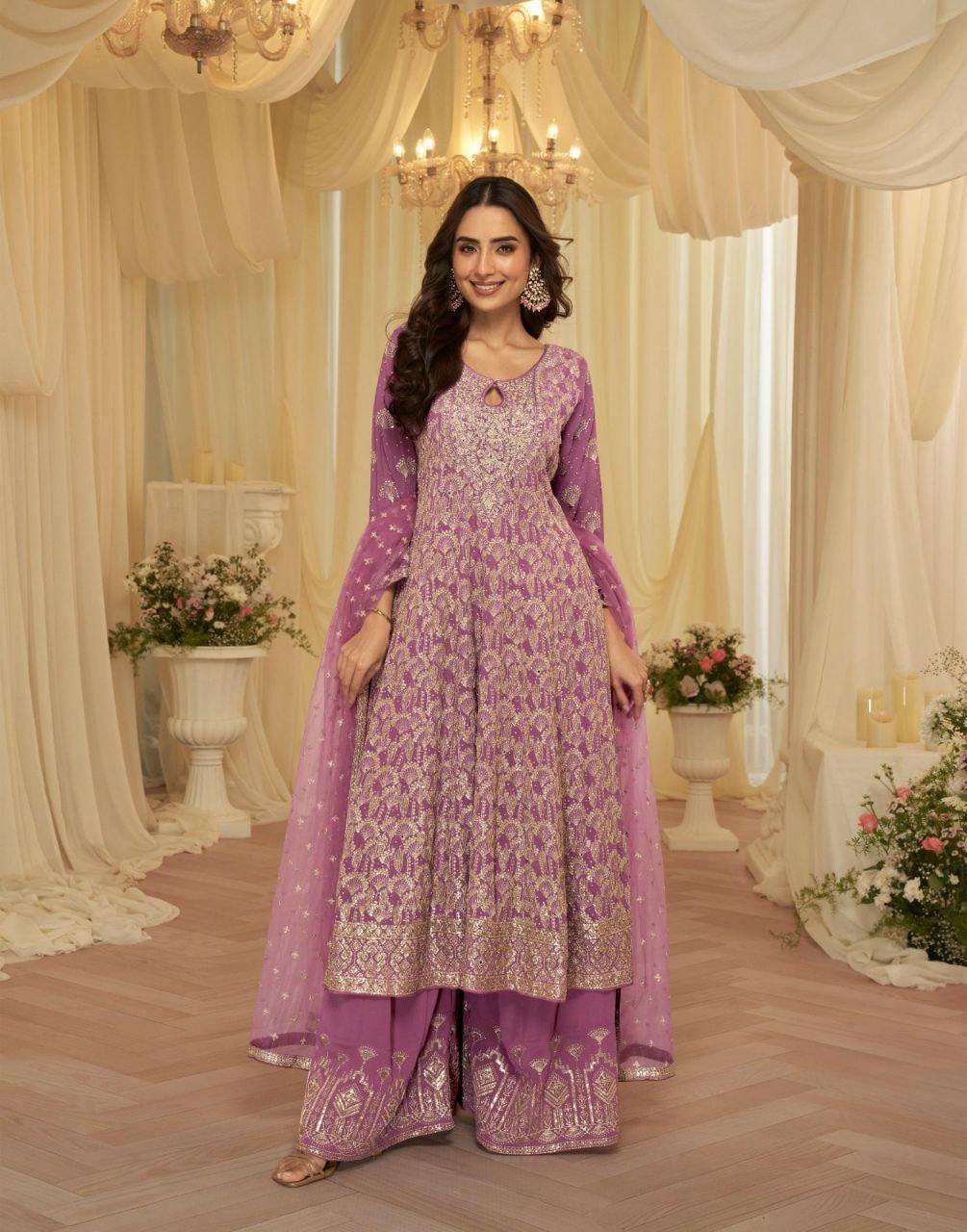 Georgette Palazzo Suit | Zari Thread Sequin Embroidery | Fully Stitched Party Wear Salwar Kameez Net Dupatta