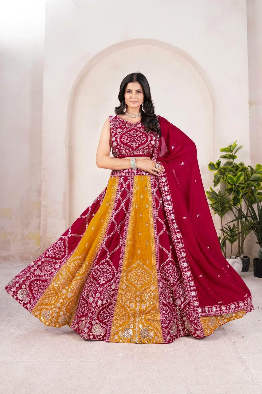 Vichitra Silk Lehenga Choli, Sequins Thread Embroidery, 4 Meter Flare Wedding Set