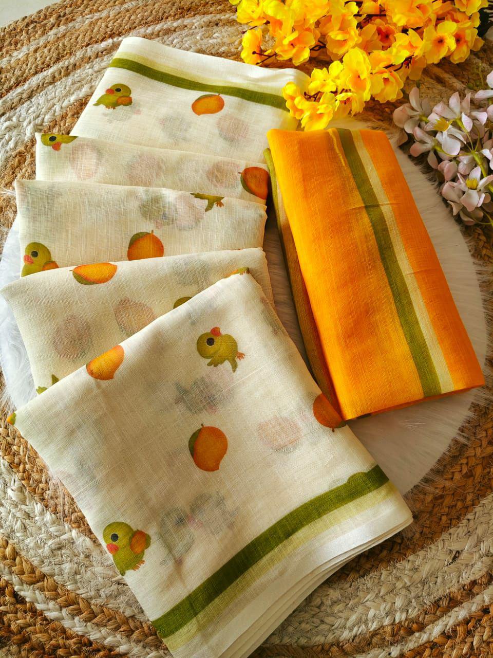 Linen Saree, Mango Parrot Digital Print, Festive Casual Indian Wear, Tassels, Blouse Piece