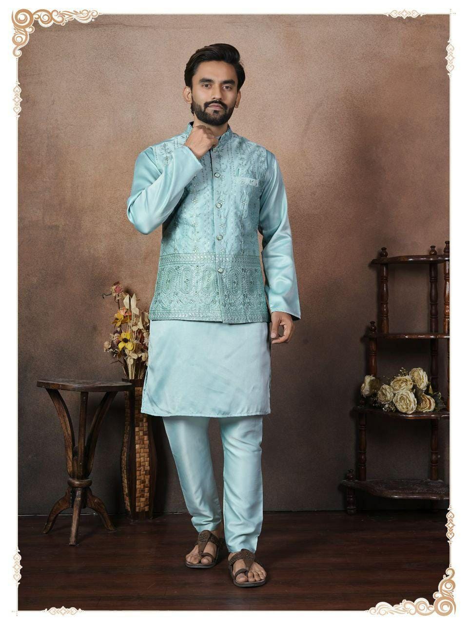 Men's Malai Satin Kurta Koti Pyjama Set, Wedding Ethnic Party Wear