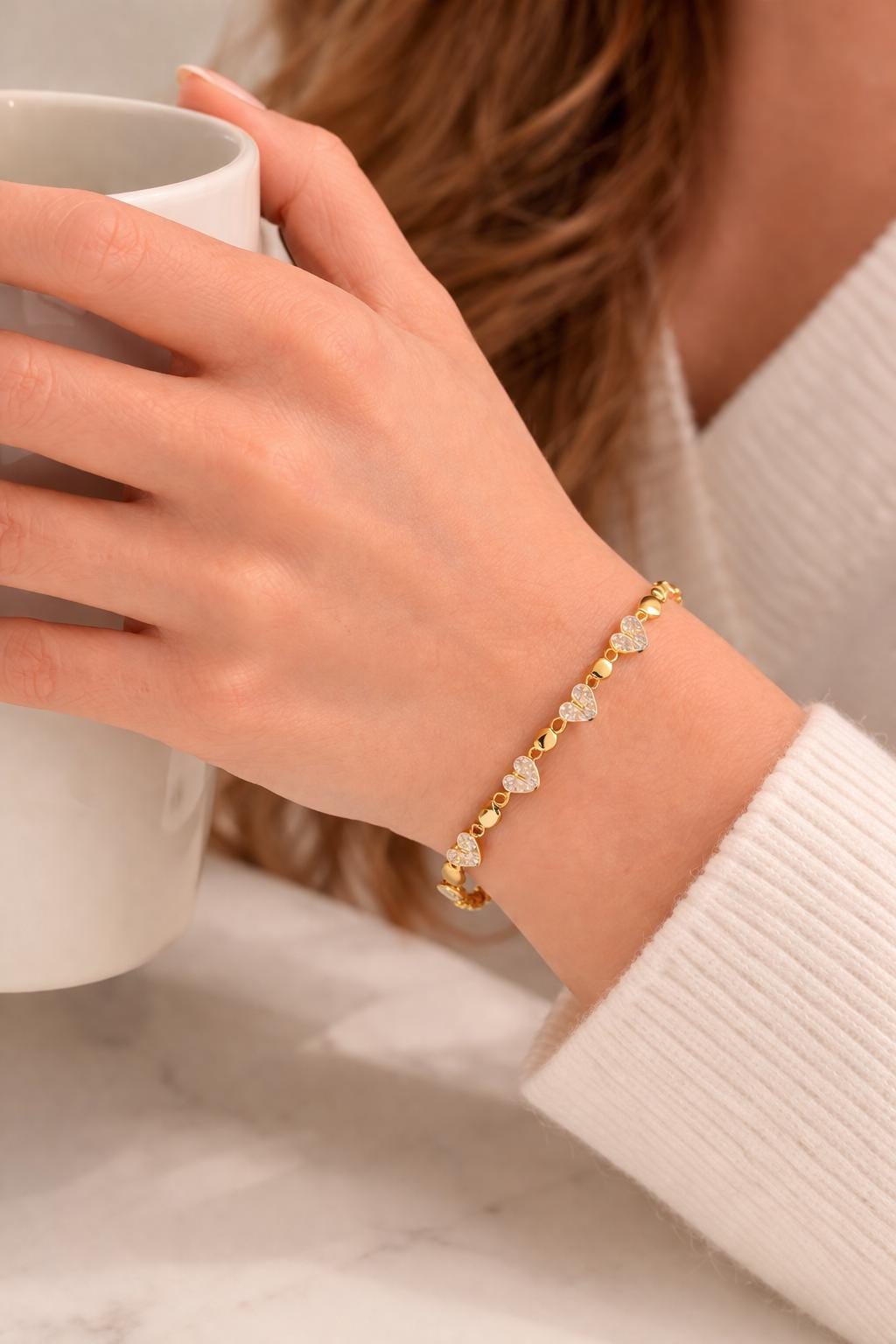 Gold Heart Crystal Bracelet, Dainty Stainless Steel Tennis Jewelry
