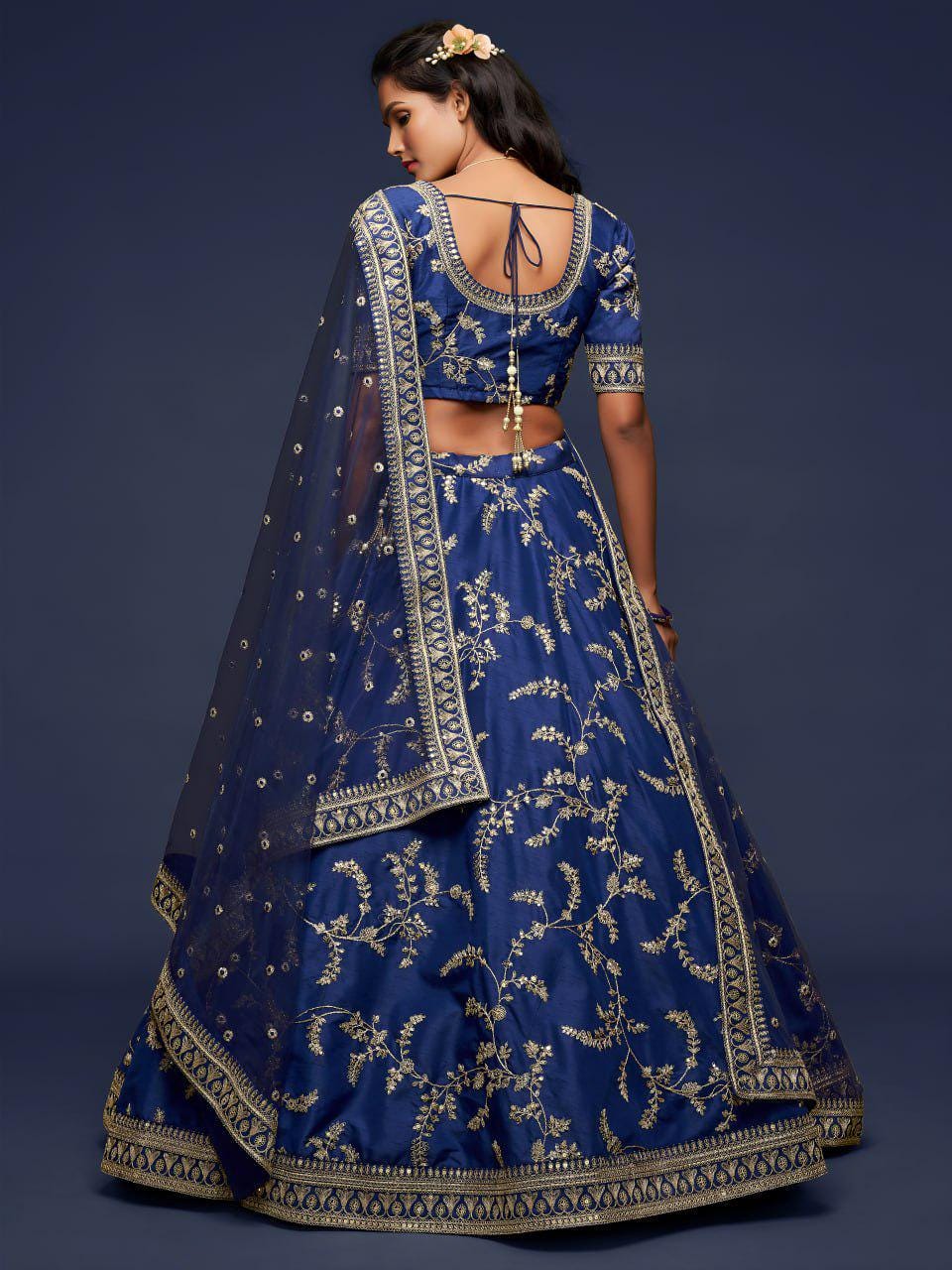 Navy Blue Art Silk Lehenga Choli Set | Zari Dori Sequins Embroidery, Net Dupatta